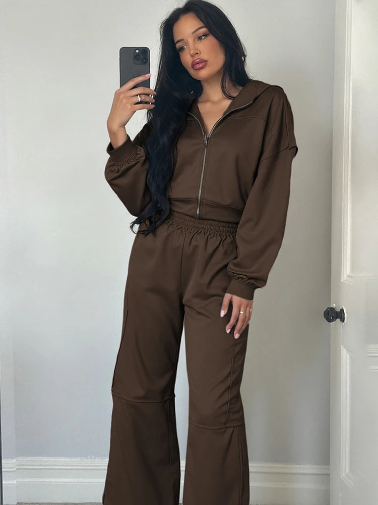 Women’s Panel-Stripe Hoodie & Wide-Leg Tracksuit Set – Sporty Retro Comfort-HighTouch
