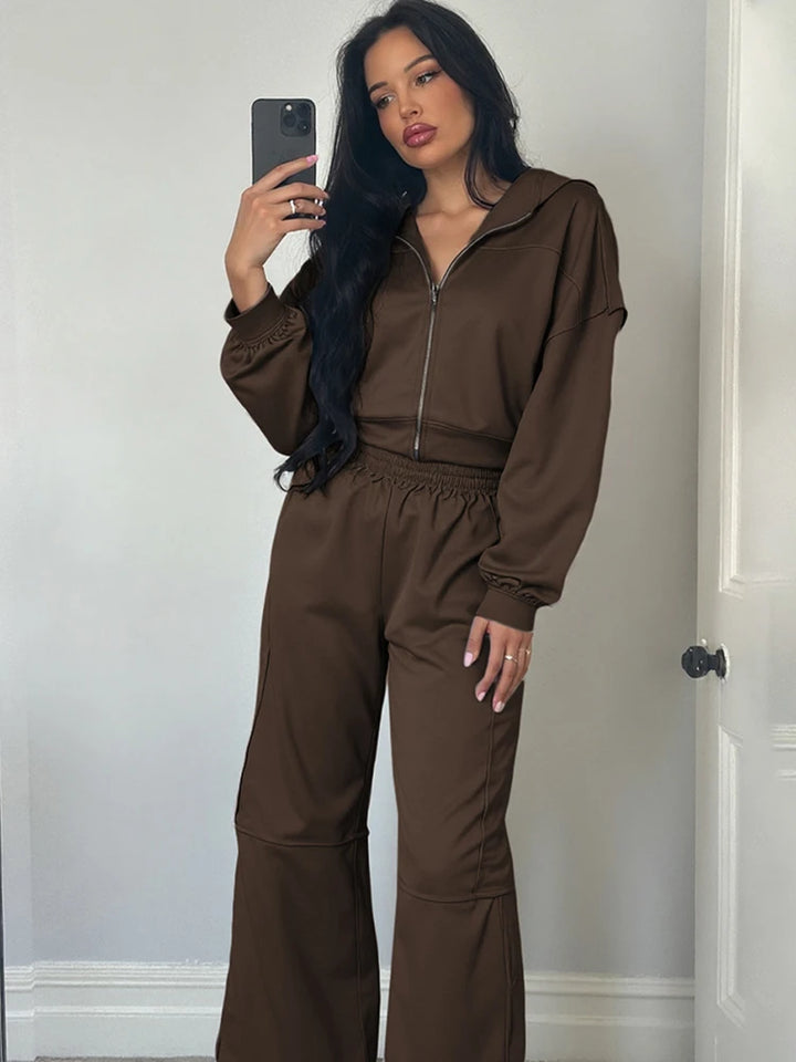 Women’s Panel-Stripe Hoodie & Wide-Leg Tracksuit Set – Sporty Retro Comfort-HighTouch