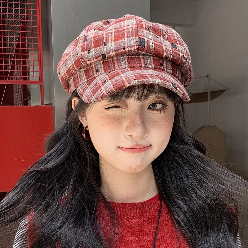 Vintage Plaid Octagonal Beret Hat for Women