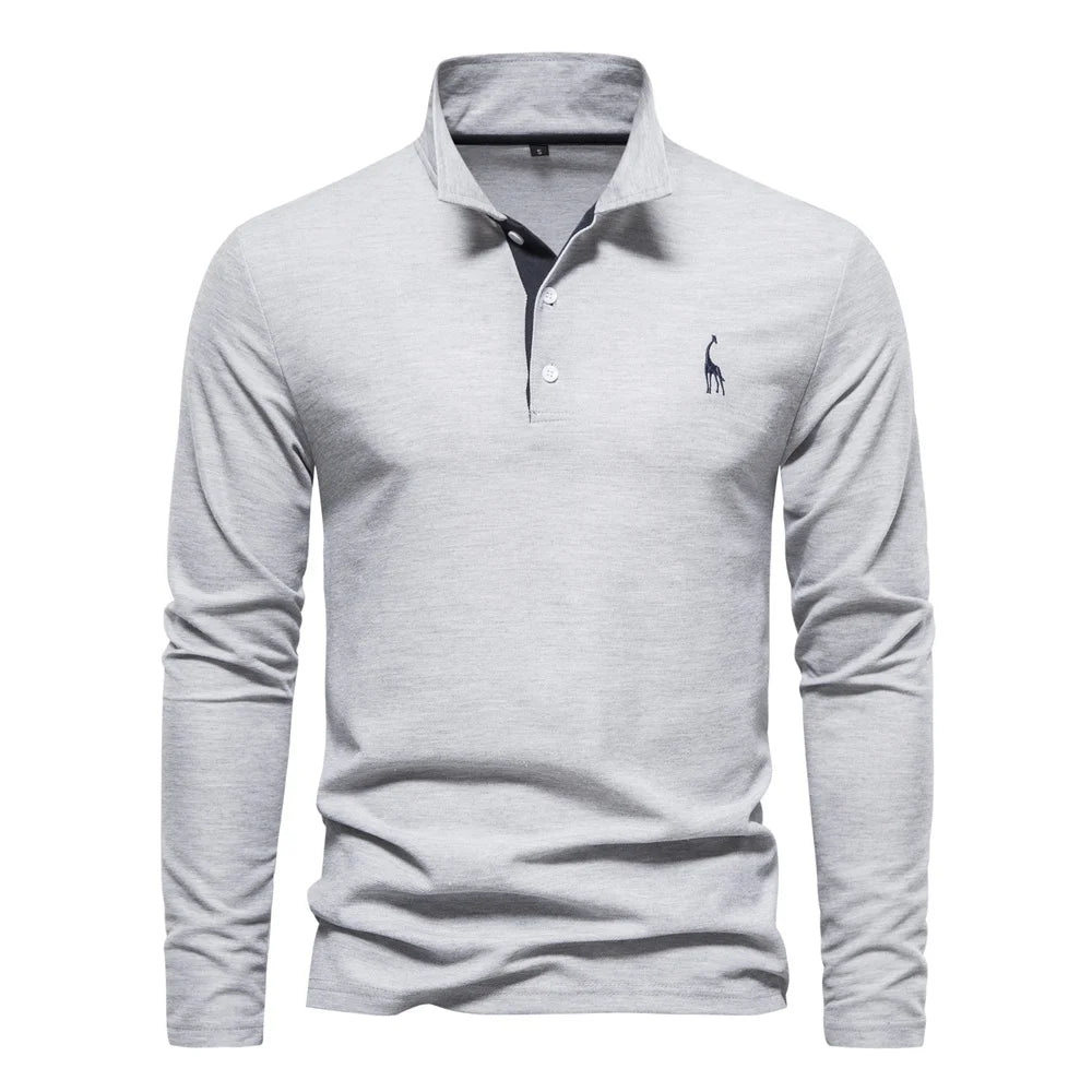 Men’s Deer-Embroidered Long Sleeve Polo-HighTouch