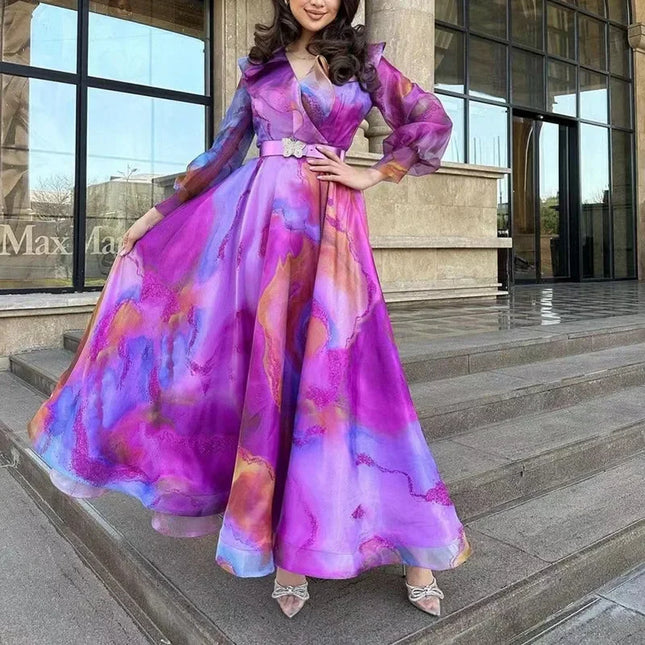 Elegant Printed Long-Sleeve Belted Maxi Dress Women
