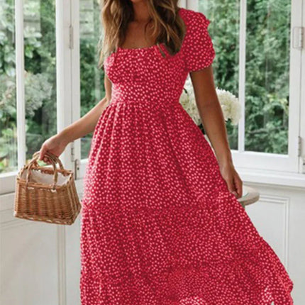 Vintage Floral Square‑Collar Puff‑Sleeve Maxi Dress with Slit