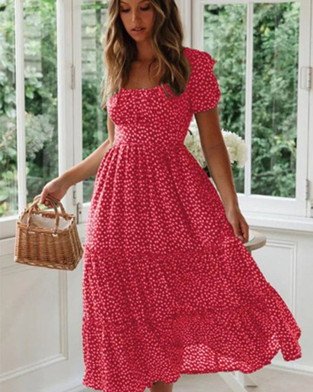 Vintage Floral Square‑Collar Puff‑Sleeve Maxi Dress with Slit