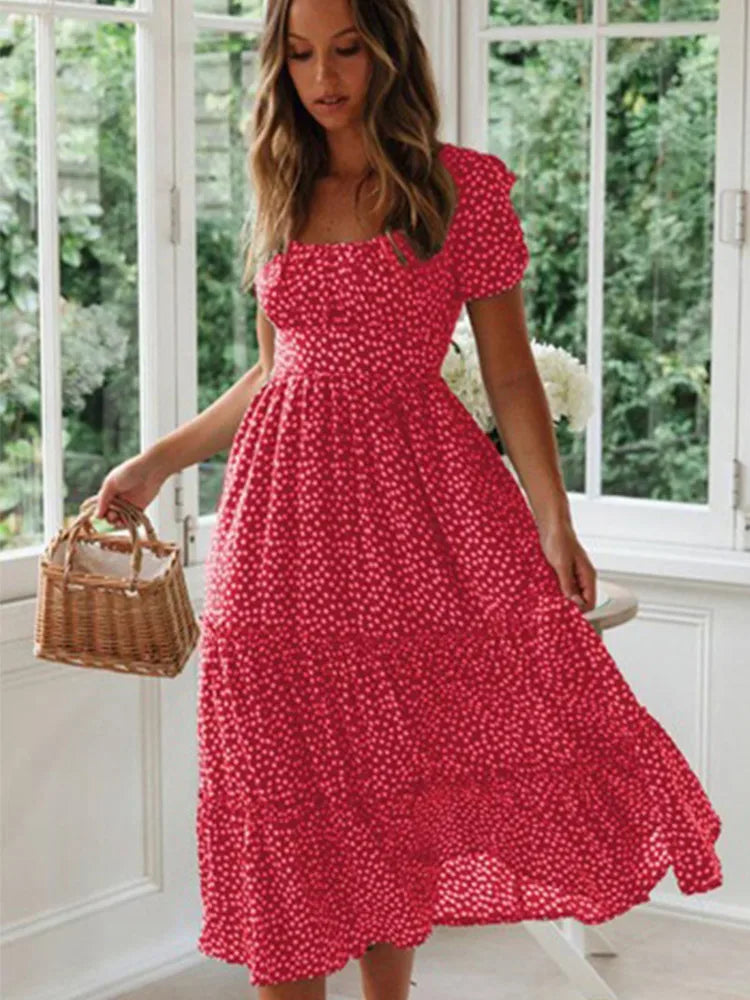 Vintage Floral Square‑Collar Puff‑Sleeve Maxi Dress with Slit-HighTouch