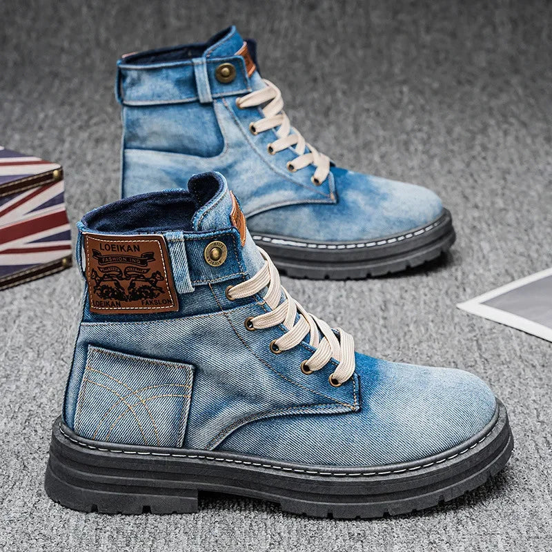 Size 48 Denim Lace-Up Men’s Platform Travel Boots-HighTouch