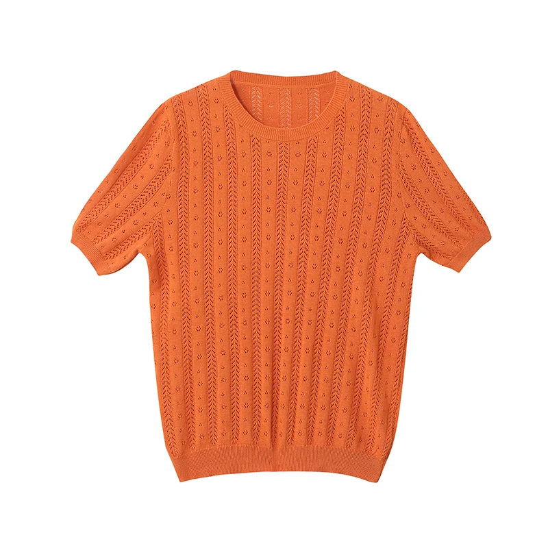 Distressed 100% Cotton Tee – Korean Knit Summer Top-HighTouch