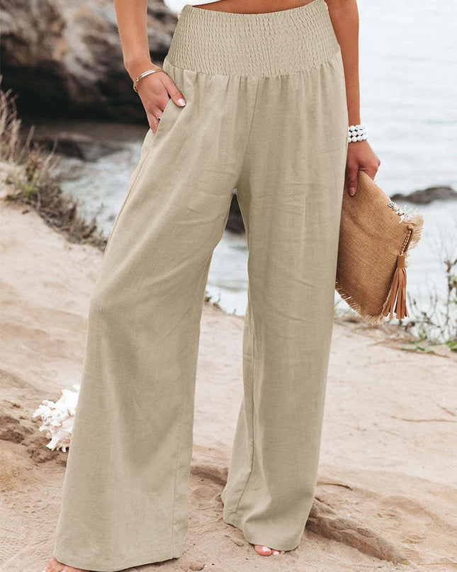 Plus-Size High-Waist Wide-Leg Cotton-Linen Pants – Retro Casual Elastic Trousers