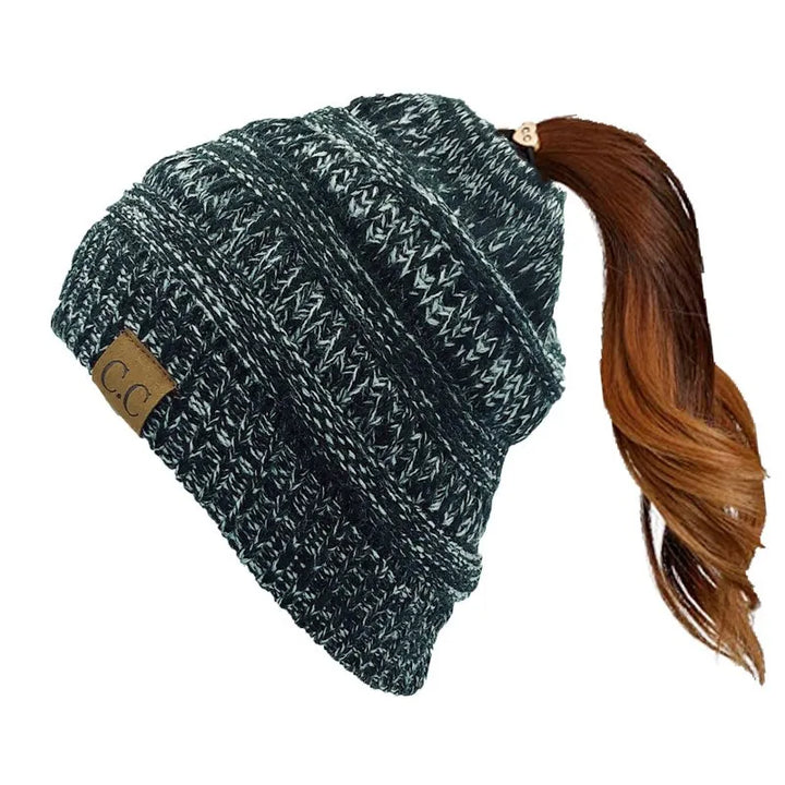 Cable Knit Ponytail Beanie-HighTouch