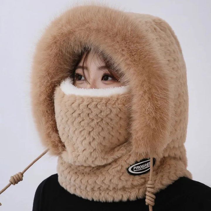 Winter Women's Plush Hooded Hat Scarf Mask 3-in-1 Ear Cover