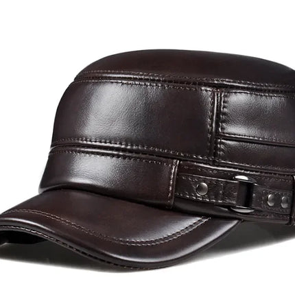 Genuine Leather Ear-Warm Flat Cap – Vintage Winter Military Style