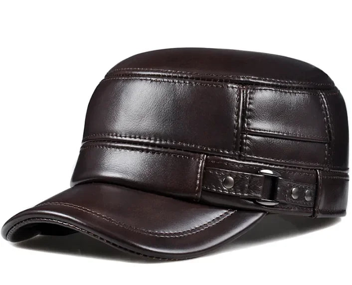 Cowhide Leather Ear-Warm Flat Cap – Vintage Winter Military Style-HighTouch