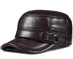 Cowhide Leather Ear-Warm Flat Cap – Vintage Winter Military Style-HighTouch