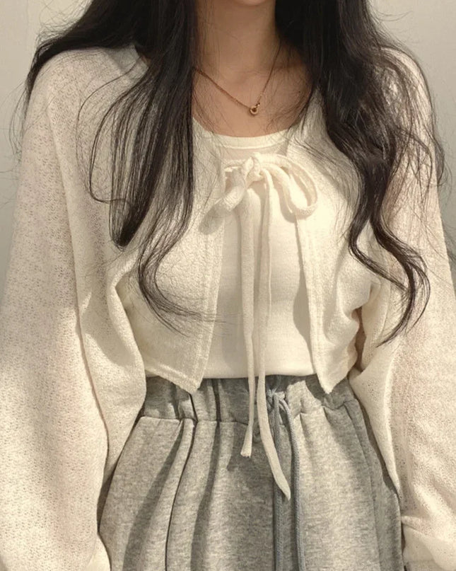 Breathable Lace‑Up Lantern Sleeve Cardigan – Summer Sunscreen Shawl