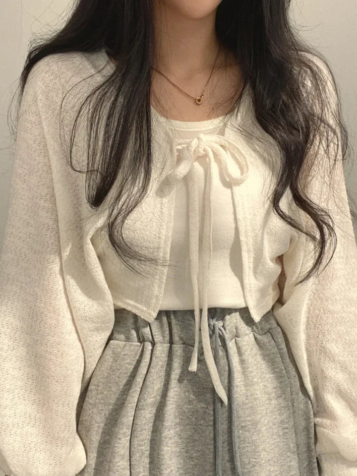 Breathable Lace‑Up Lantern Sleeve Cardigan – Summer Sunscreen Shawl-HighTouch