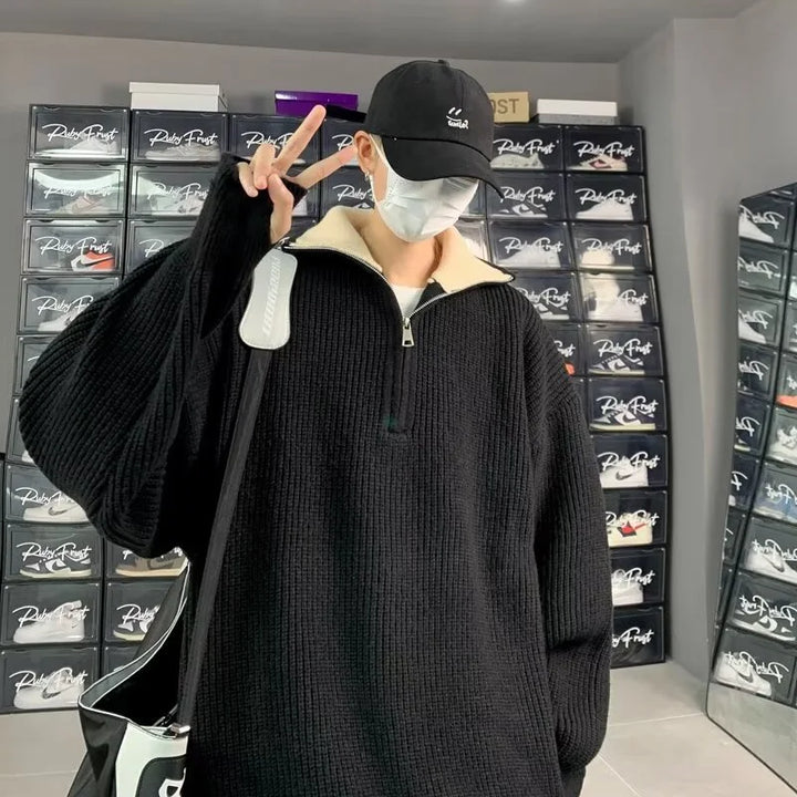 Y2K Half-Zip Stand-Up Collar Pullover Sweater Men-HighTouch