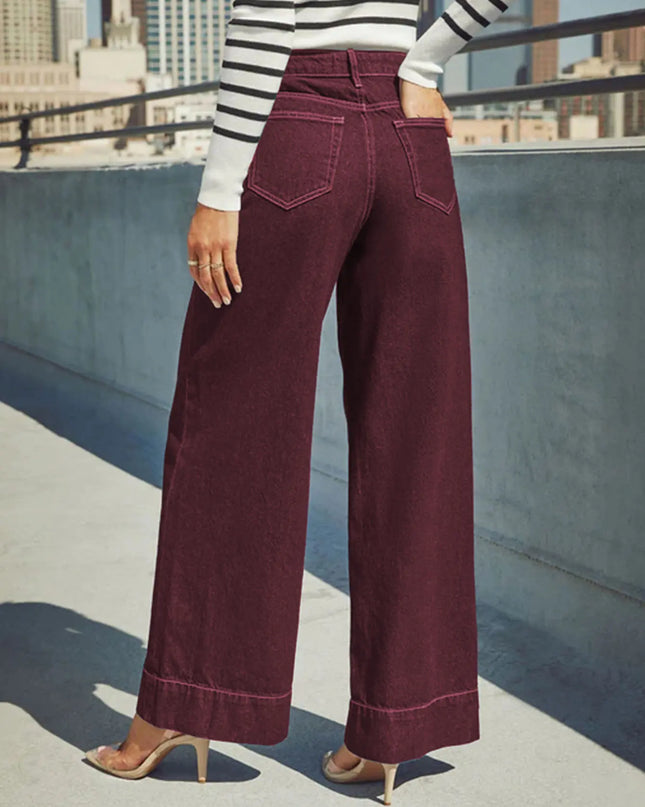 Burgundy High-Waist Wide-Leg Jeans Women
