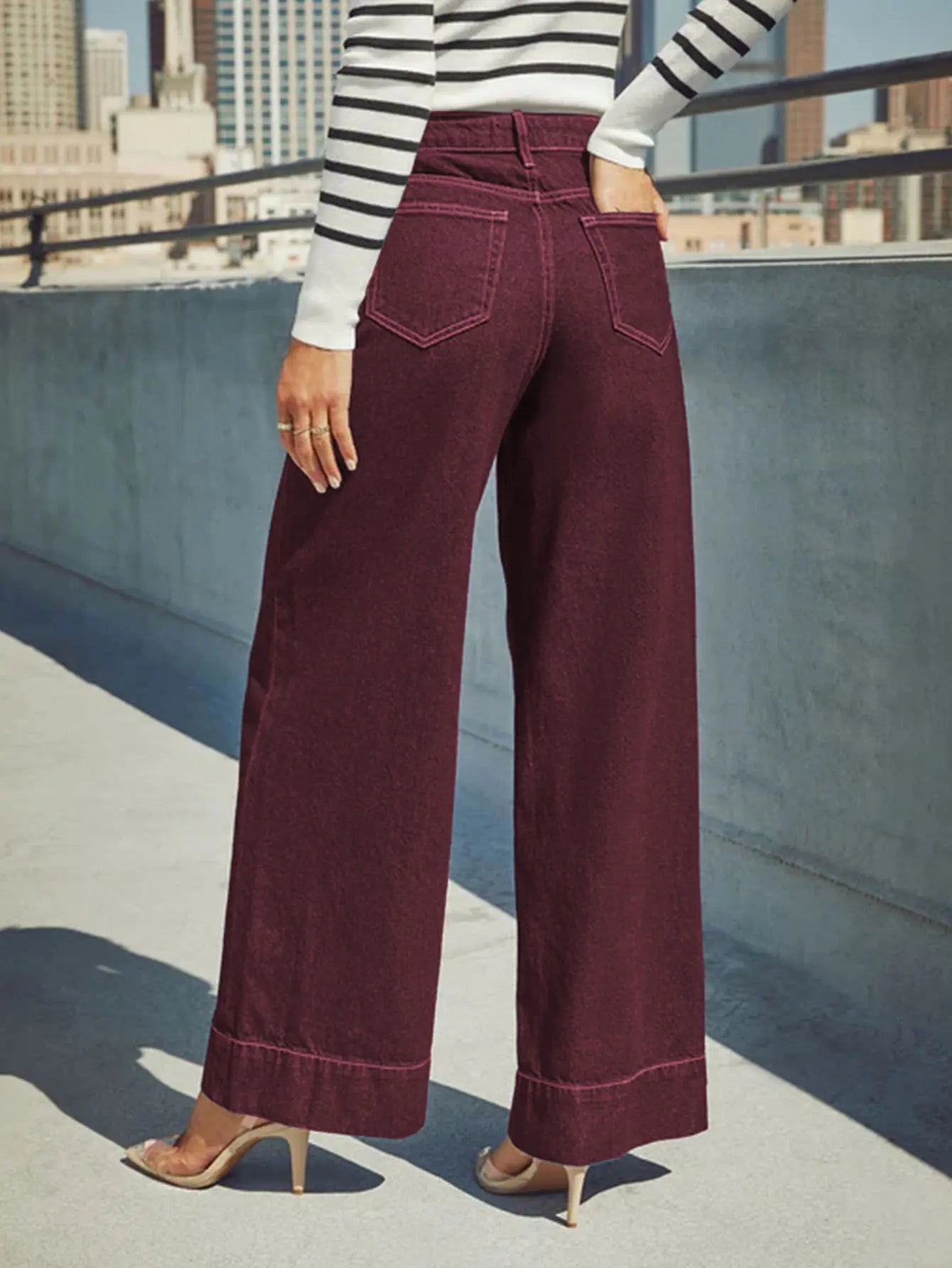 Burgundy High-Waist Wide-Leg Jeans Women