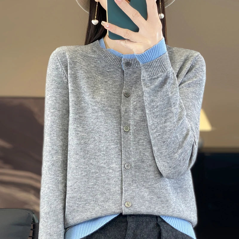 Spring Knit Patchwork Cardigan Lightweight O‑Neck Long Sleeve Sweater for Women