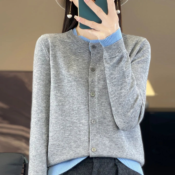 Spring Knit Patchwork Cardigan Lightweight O‑Neck Long Sleeve Sweater for Women-HighTouch