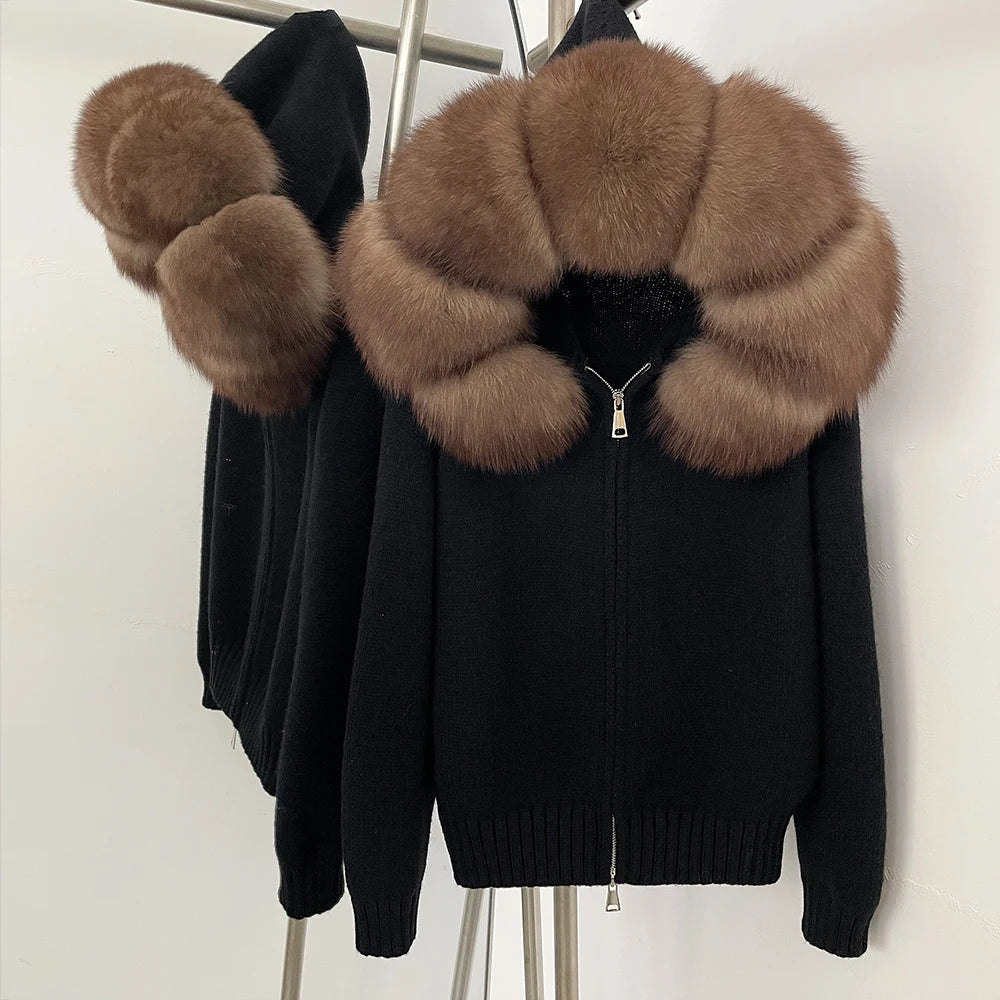 Women’s Hooded Knit Cardigan with Real Fox Fur – Casual Short Coat-HighTouch