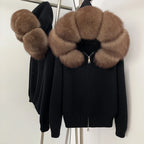 Women’s Hooded Knit Cardigan with Real Fox Fur – Casual Short Coat-HighTouch