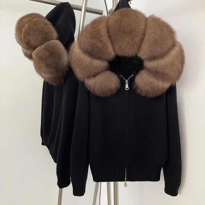 Women’s Hooded Knit Cardigan with Real Fox Fur – Casual Short Coat-HighTouch