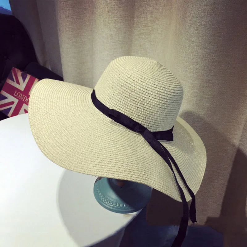 Wide-Brim Straw Fedora with Bowknot – Packable Summer Sun Hat
