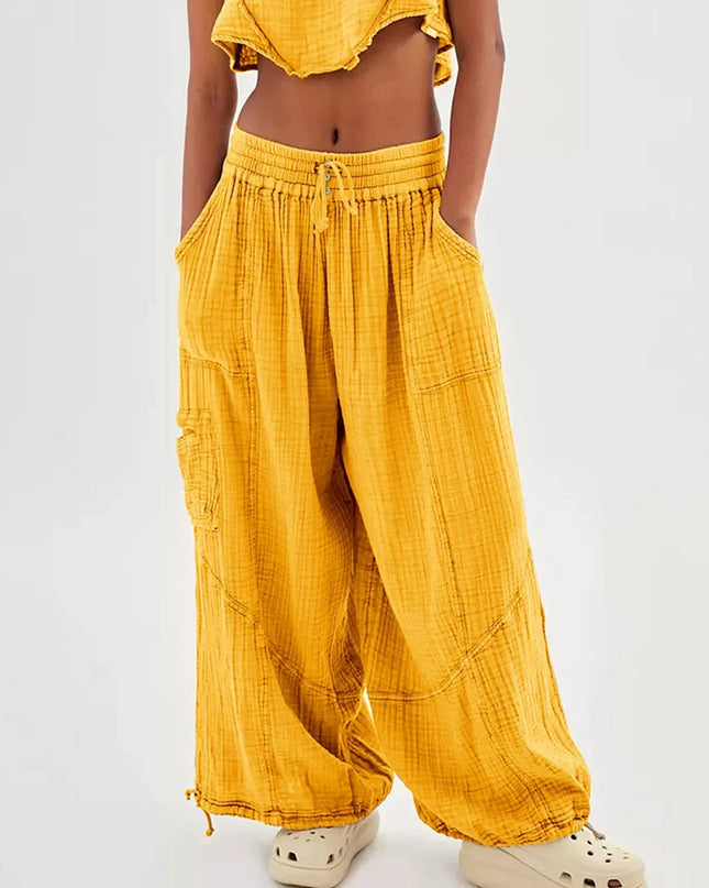 Beach Linen Wide-Leg Pants – High-Waist Palazzo Loose Harem Pants with Pockets