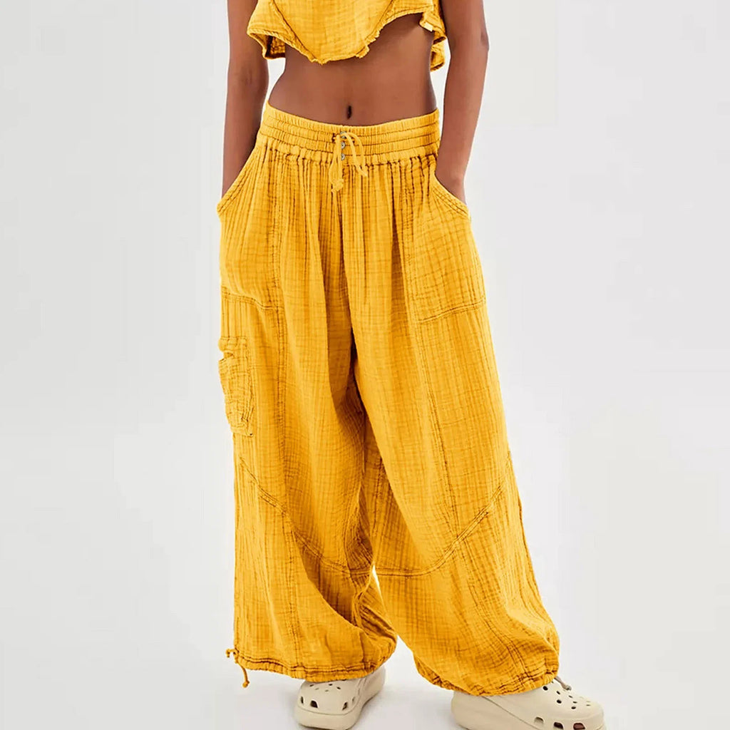 Beach Linen Wide-Leg Pants – High-Waist Palazzo Loose Harem Pants with Pockets-HighTouch