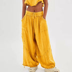 Beach Linen Wide-Leg Pants – High-Waist Palazzo Loose Harem Pants with Pockets-HighTouch