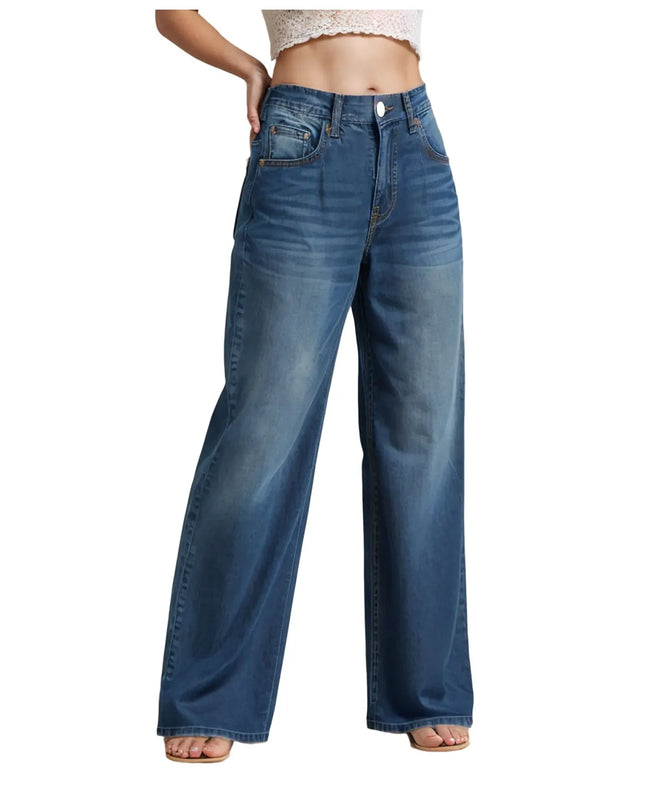 High-Waist Blue Wash Wide-Leg Jeans for Women – Stretch Comfort, Baggy Style