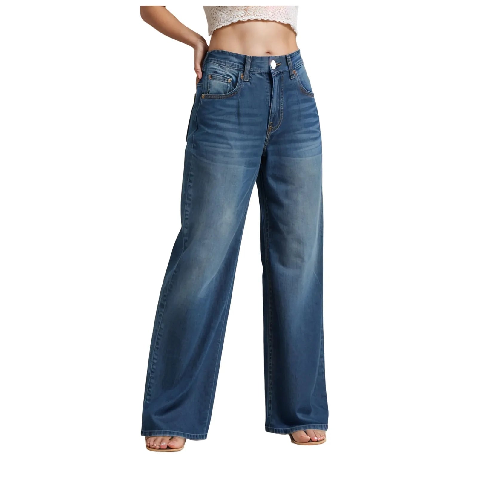 High-Waist Blue Wash Wide-Leg Jeans for Women – Stretch Comfort, Baggy Style