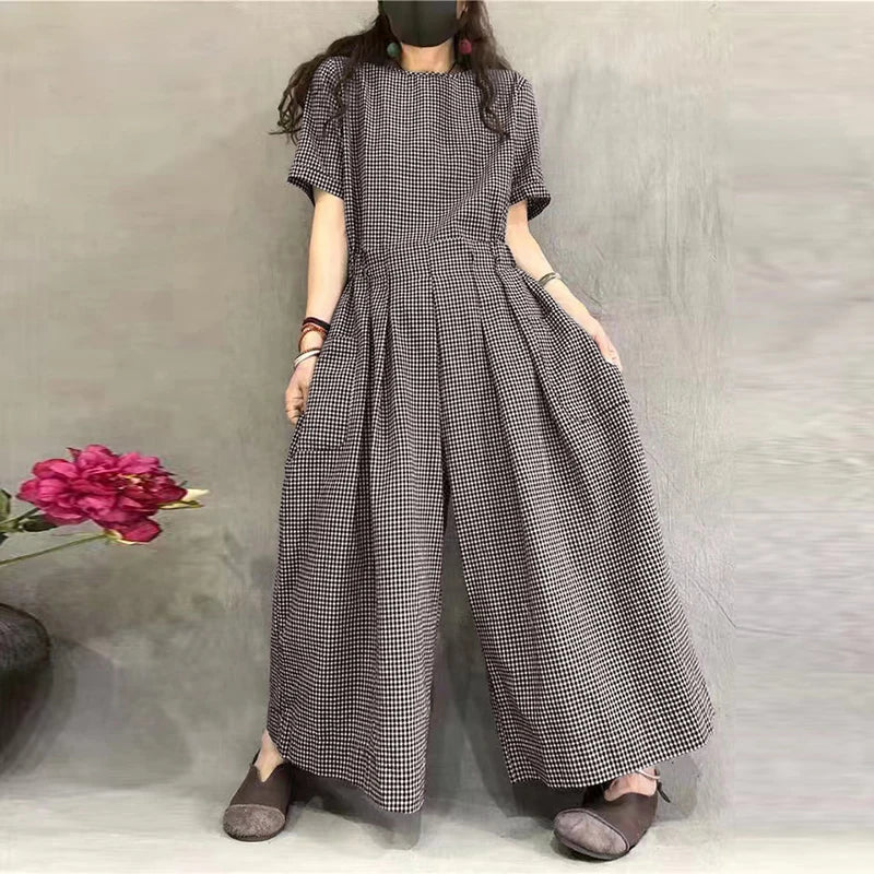 Gingham Wide-Leg Jumpsuit – Pleated Waist Casual Romper-HighTouch
