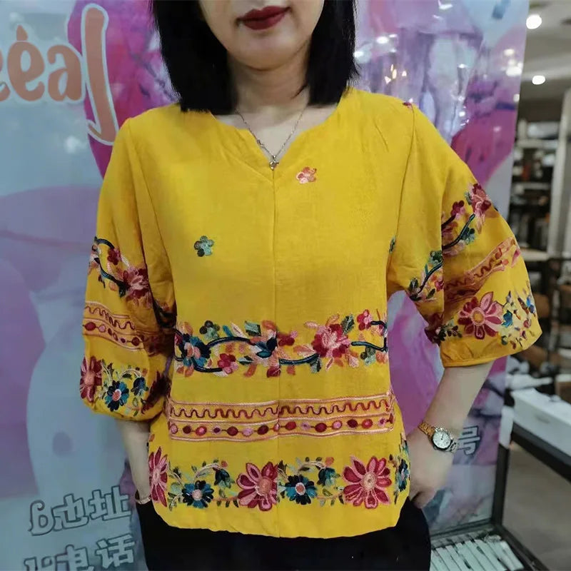 Vintage Boho V-Neck Blouse – Lantern Sleeve Pullover-HighTouch