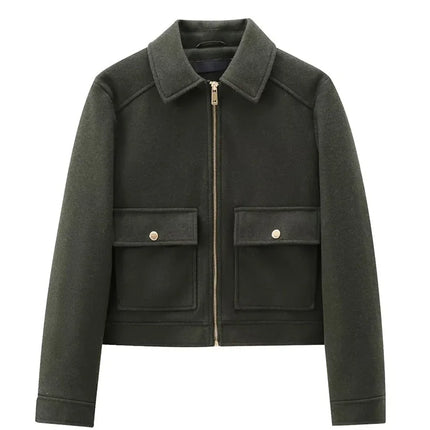 Women's Winter Zipper Jacket - Elegant Short Street Coat with Pockets