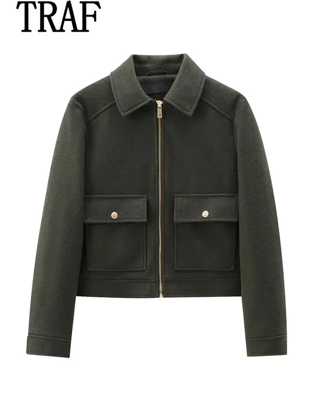Women's Winter Zipper Jacket - Elegant Short Street Coat with Pockets