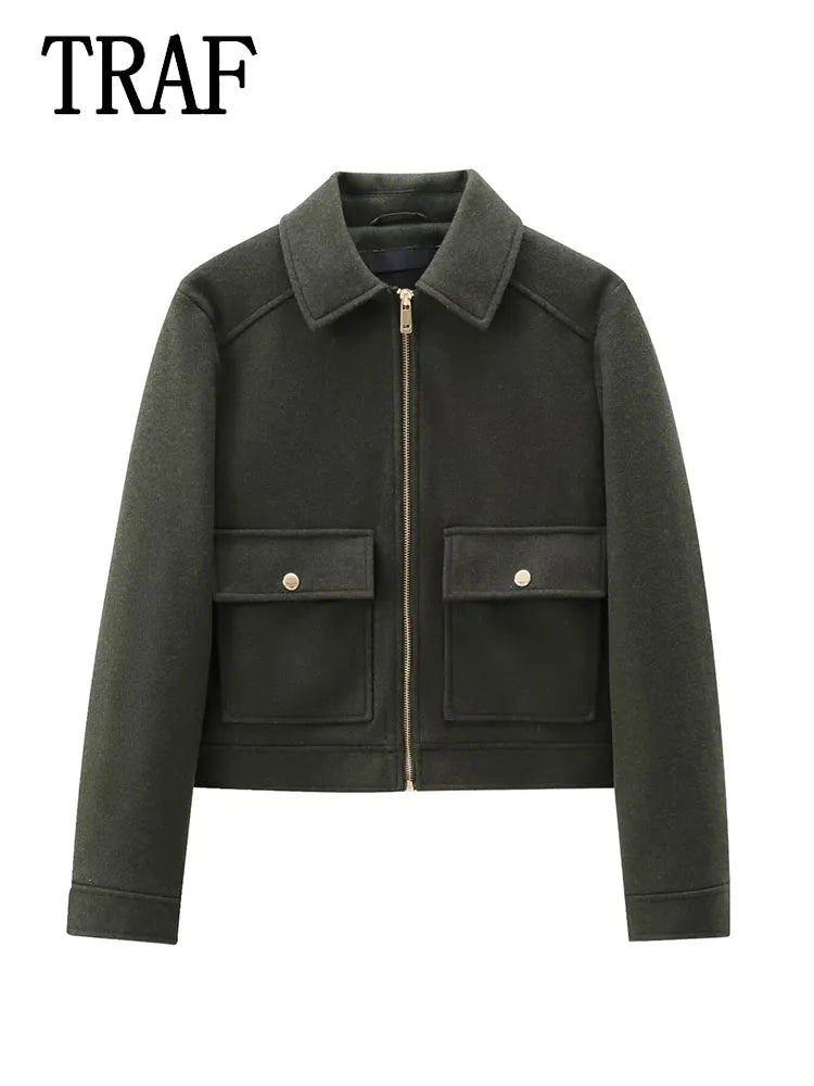 Women's Winter Zipper Jacket - Elegant Short Street Coat with Pockets