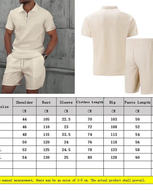 Men’s Summer Waffle Knit Zip-Up Lapel Short Sleeve Suit & Shorts Set