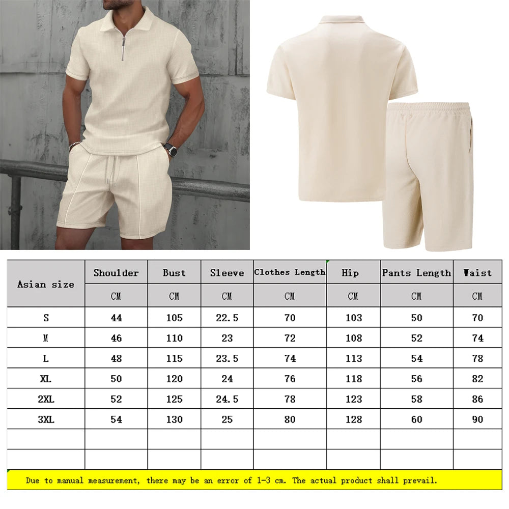 Men’s Summer Waffle Knit Zip-Up Lapel Short Sleeve Suit & Shorts Set-HighTouch
