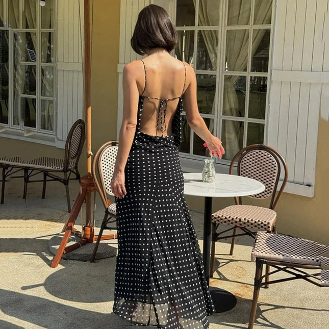Polka Dot Plunge Halter Maxi Dress – Backless & Elegant