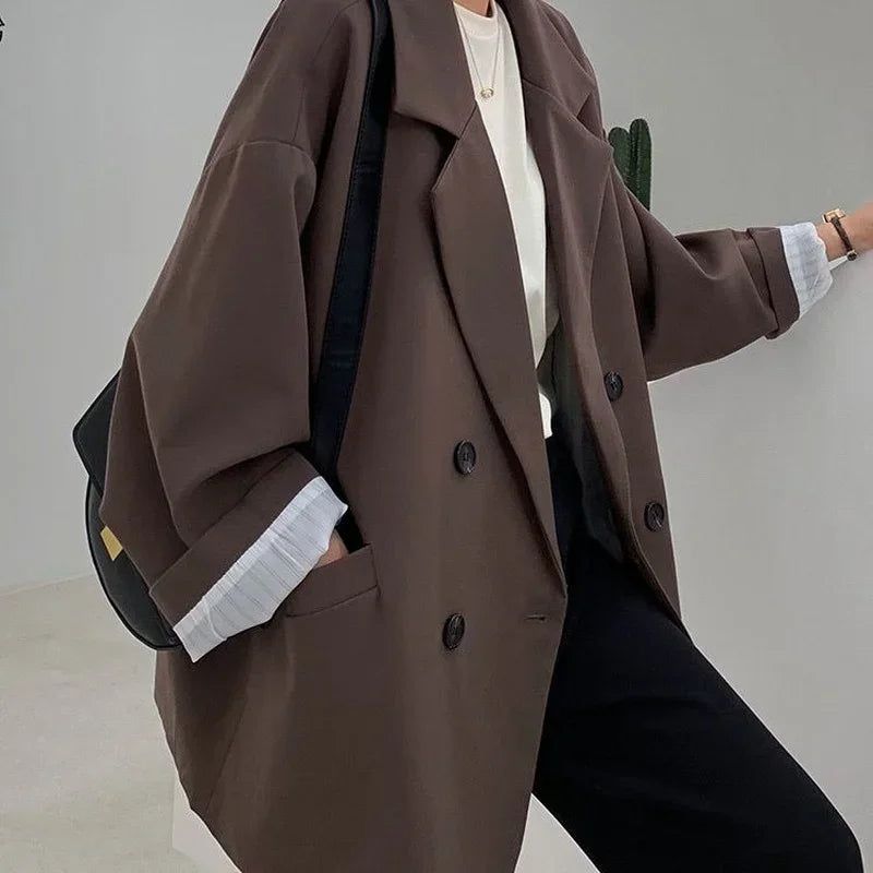 Vintage Loose Double‑Breasted Women’s Blazer – Autumn Chic Suit Jacket-HighTouch