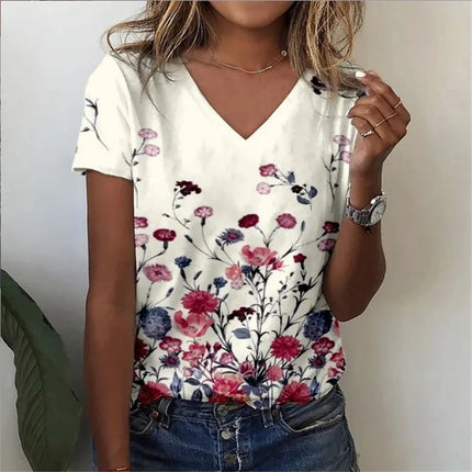 Vintage Floral 3D Print V‑Neck Tee – Oversized Harajuku Style