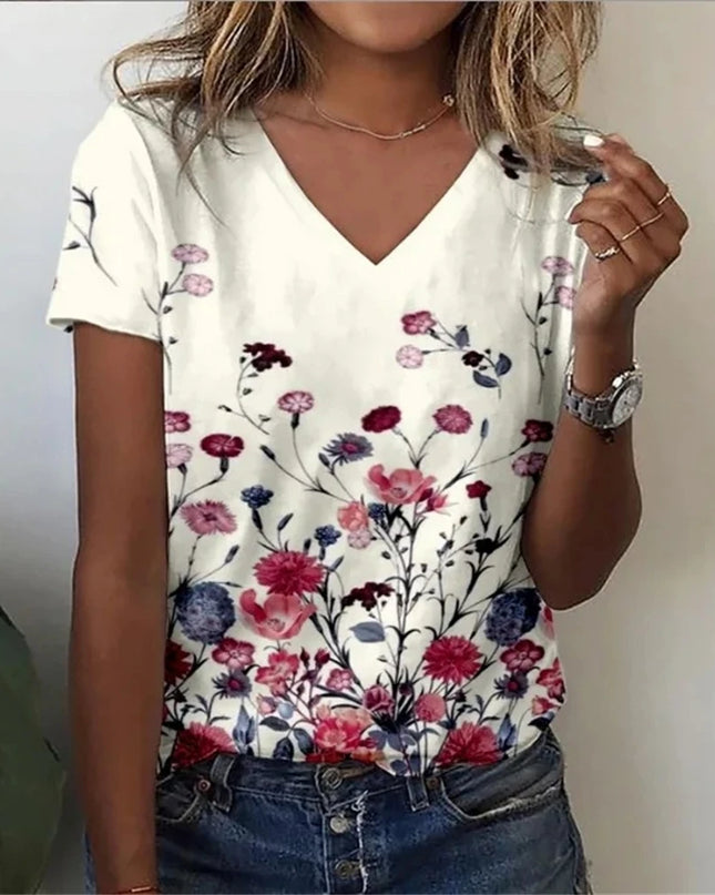 Vintage Floral 3D Print V‑Neck Tee – Oversized Harajuku Style