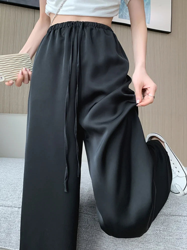 Cool & Chic – Ice Silk Satin High-Waist Wide-Leg Pants-HighTouch