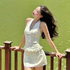 Backless Lace Sleeveless Solid Casual Streetwear Crop Tops Mini Skirt-HighTouch