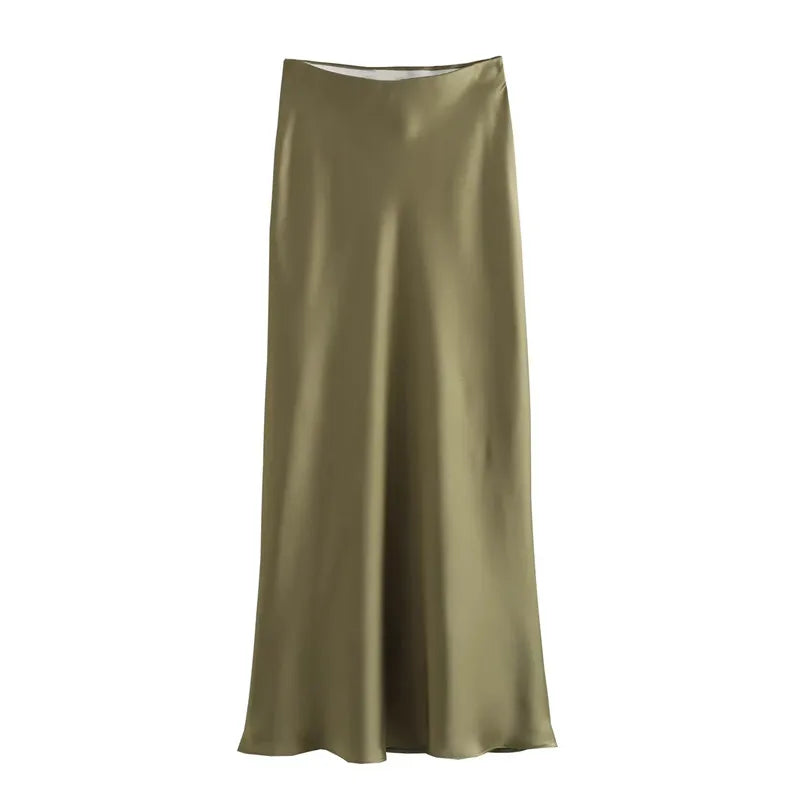 Women’s Satin High Waist Midi Skirt – Elegant Summer Office Skirt