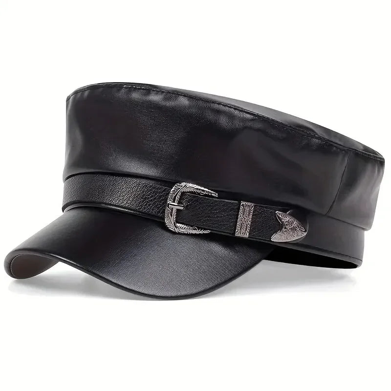 Leather Beret Cap Autumn Belt Buckle Flat Top Captain Hat