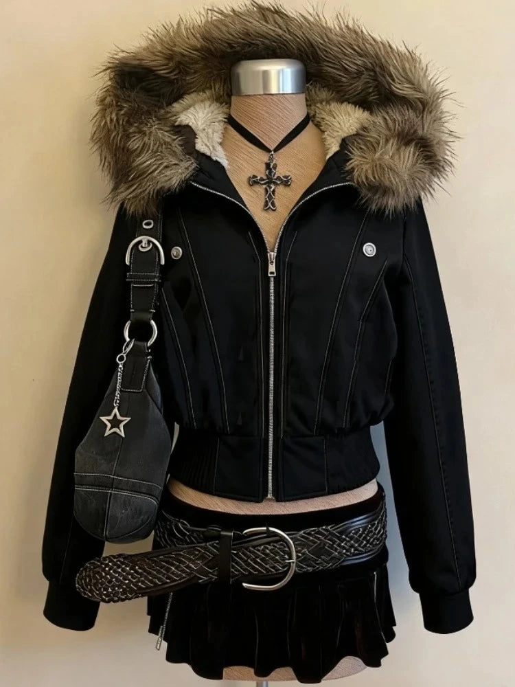 Winter Faux Fur Hood Jacket Women Y2K Vintage Gothic Parka