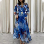 Elegant Printed Long-Sleeve Belted Maxi Dress Women-HighTouch