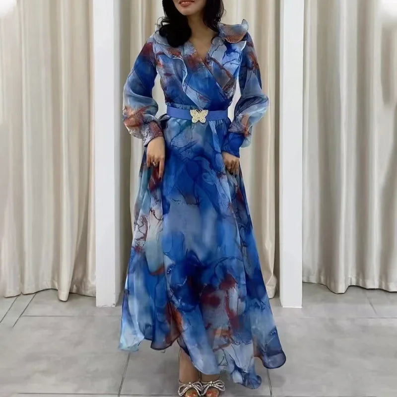 Elegant Printed Long-Sleeve Belted Maxi Dress Women